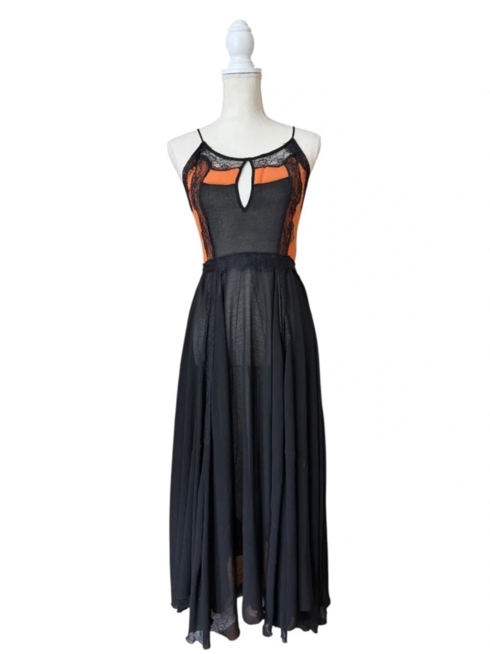 Free People Black Orange Sheer Lace Maxi Slip Dress Boho Goth XS NWT $168